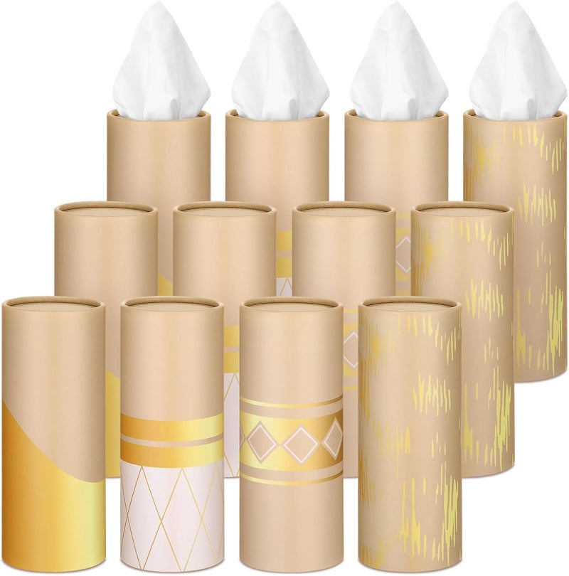 Fourluoo 12 Pack Car Tissue Cylinder Holder Bulk with 3 Ply Facial Tissues, Round Napkin Holders for Car Cup Holder Cylinder Travel Paper Tubes Bulk Round Napkin Boxes Packs(Modern Gold Line) - Image 1